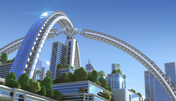 Jede seriöse Zukunftsvision sollte ganzheitlich denken. Man sieht eine sehr futuristische Stadt mit sehr viel Grün und blauem Himmel. Hier möchte man leben.